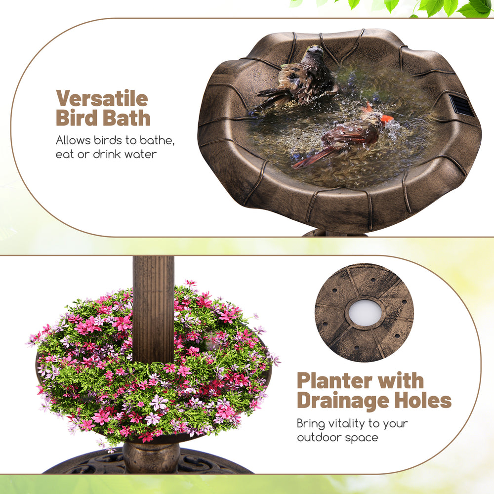 Lotus leaf-shaped birdbath and feeder combo in bronze, featuring a planter with drainage holes for vibrant outdoor.