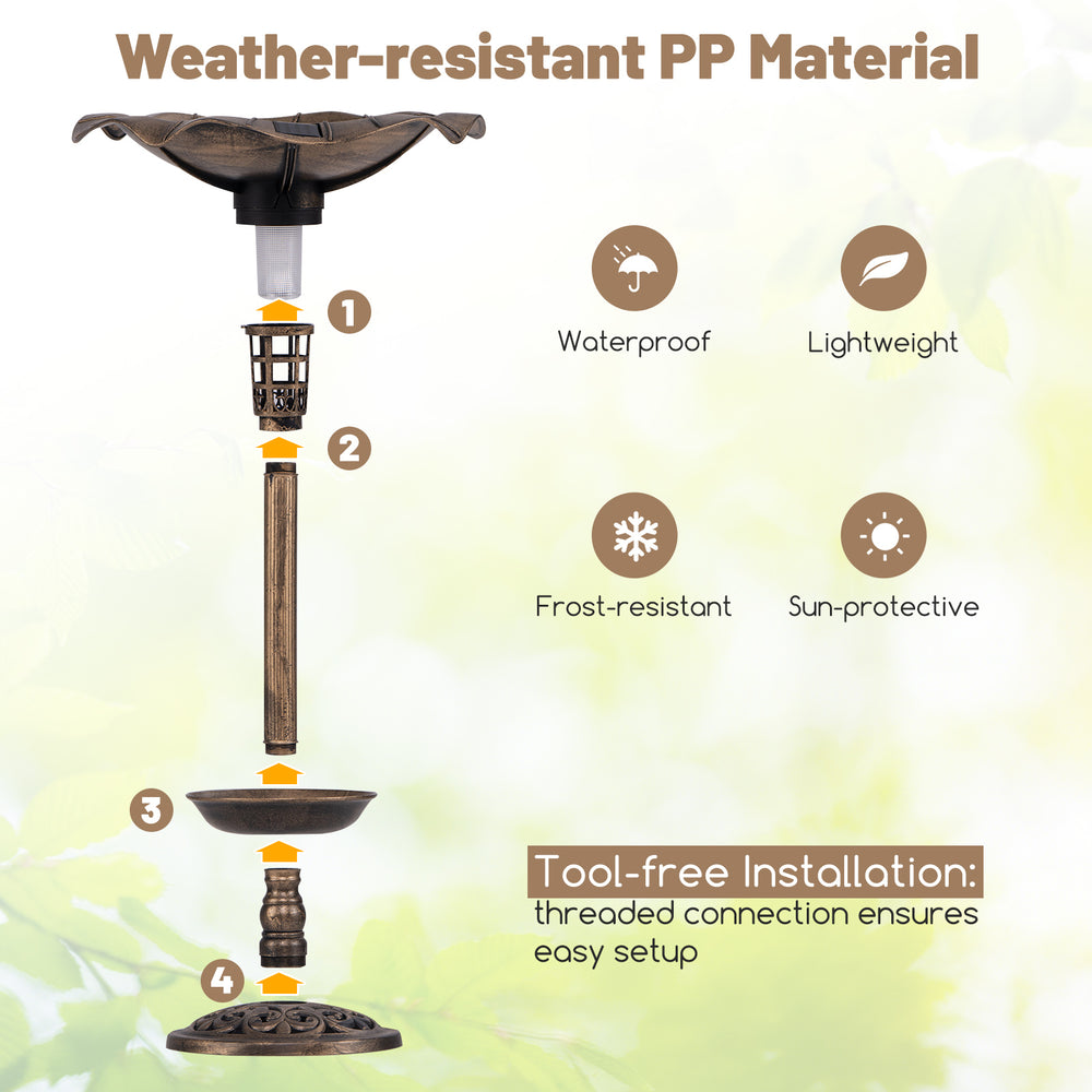 Standing pedestal birdbath and feeder combo in bronze with lotus leaf bowl, made from weather-resistant PP material.