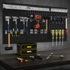 Wall-mounted pegboard kit with tools organized, featuring 3 metal boards and assorted hanging accessories for garage.