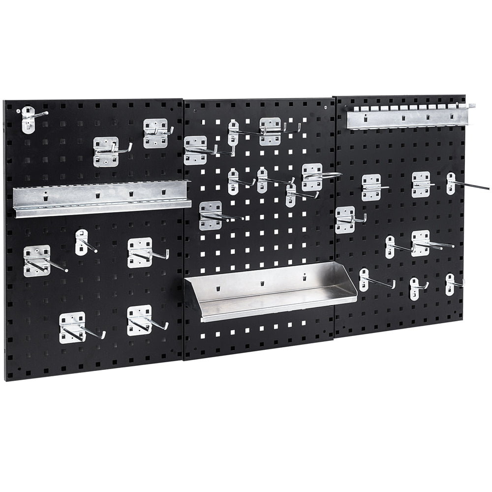 Wall-mounted pegboard kit with three 16" x 23.5" black metal boards and 28 assorted accessories for tool organization.