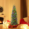 Pencil Christmas tree with 180 warm white and multi-color LED lights, decorated with gifts in a cozy living room.