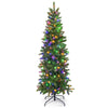 Pencil Christmas tree with 180 warm white and multi-color LED lights, featuring a foldable metal stand for stability.