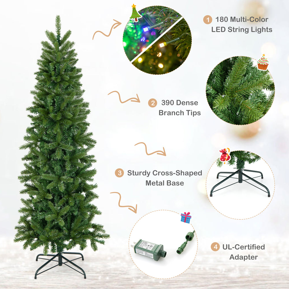 Pencil Christmas tree with 180 LED lights, 390 branch tips, and sturdy metal base, perfect for festive decoration.