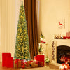 Pencil Christmas tree with warm LED lights, 8FT tall, featuring memory wire branch tips, perfect for festive.
