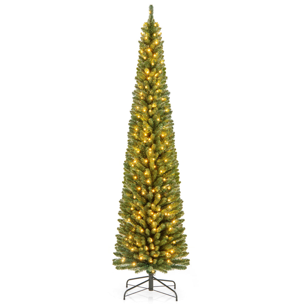 Pencil Christmas tree with memory wire branch tips and warm LED lights, 8FT tall, ideal for home or office holiday.