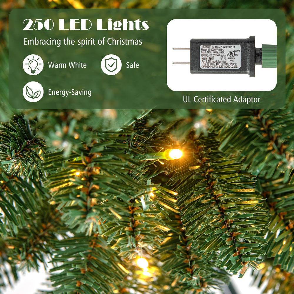 Pencil Christmas tree with 250 warm LED lights and memory wire branches, perfect for festive home or office decor.
