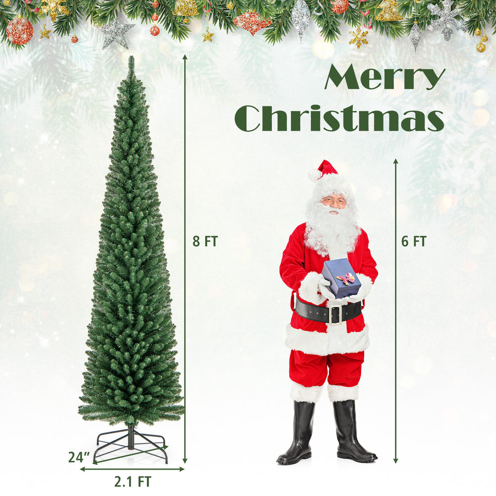 Pencil Christmas tree with 671 branch tips and warm LED lights, 8FT tall, ideal for festive home or office decor.