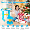 Kids piano keyboard toy in blue with microphone, featuring 31 keys, adjustable volume, and portable design for ages 3+.