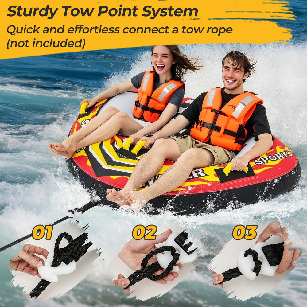 Towable tube featuring quick connector and drainage, with heavy-duty PVC bladder and padded handles for comfort.
