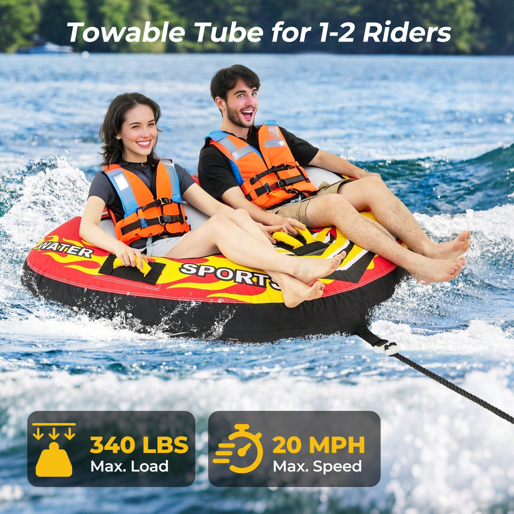Towable tube for 1-2 riders featuring heavy-duty PVC, padded handles, and drainage for smooth water sports enjoyment.