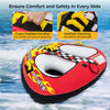 Towable tube featuring two cockpit seating areas, foam padded handles, and durable nylon cover for safe water sports.