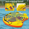 Inflatable towable tube for 1 or 2 persons with vibrant design, padded handles, and boarding straps for easy climbing.