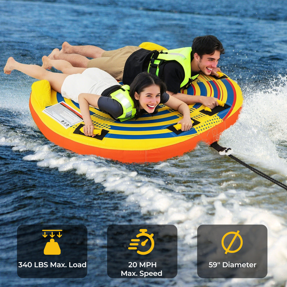 Two people riding a 59" inflatable towable tube for boating, featuring thick foam handles and a durable PVC bladder.