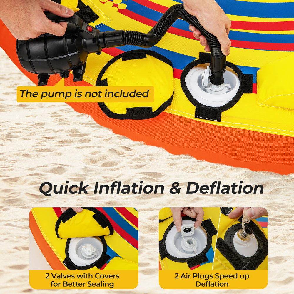 Close-up of the inflatable towable tube's valves, featuring quick inflation and deflation for water sports fun.