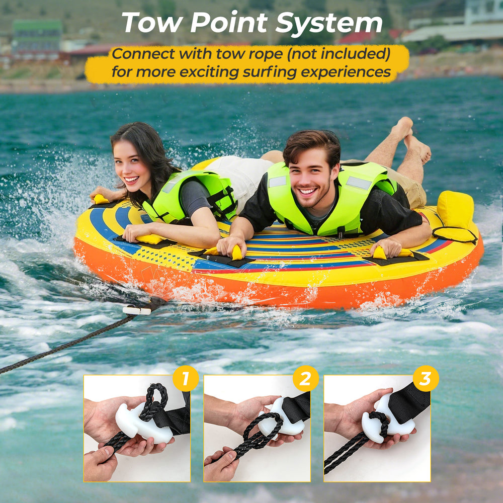 Inflatable towable tube for 1 or 2 persons with quick connector, featuring padded handles and durable PVC construction.