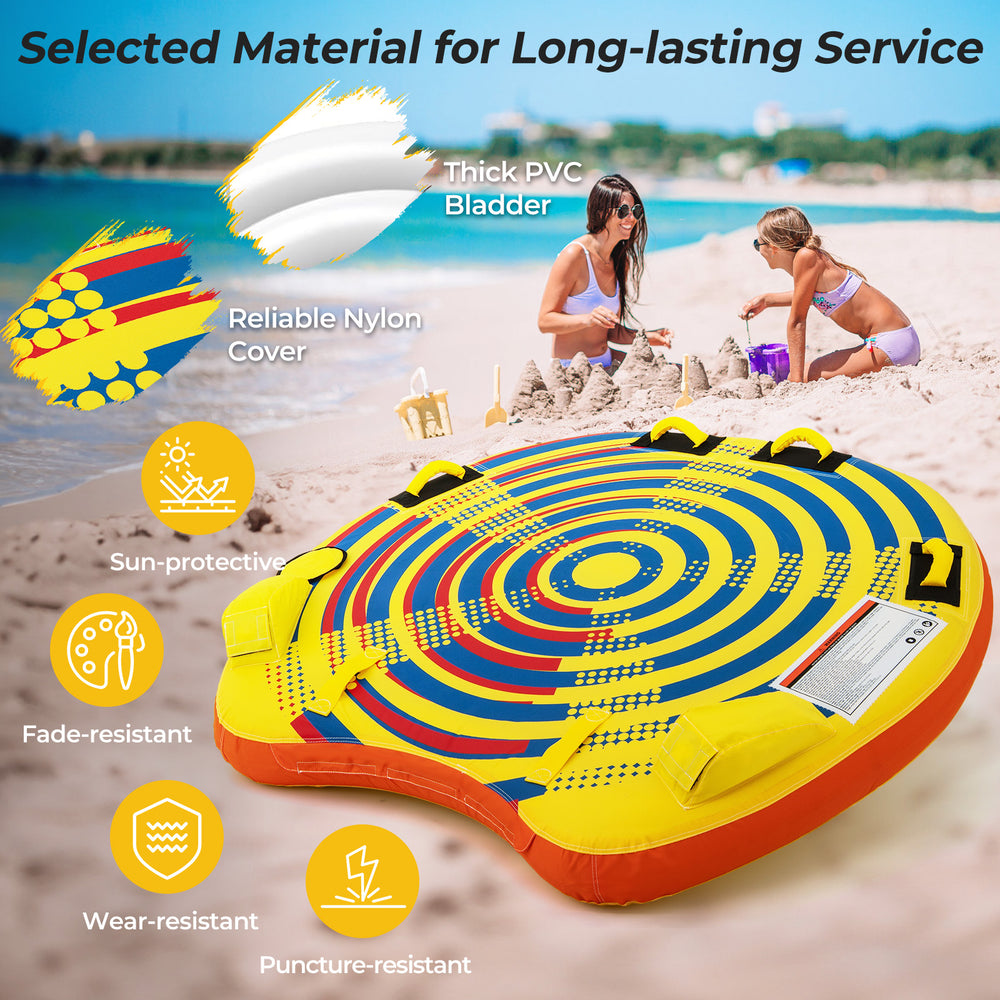 Inflatable towable tube for 1-2 persons with durable PVC bladder and nylon cover, perfect for water sports fun.