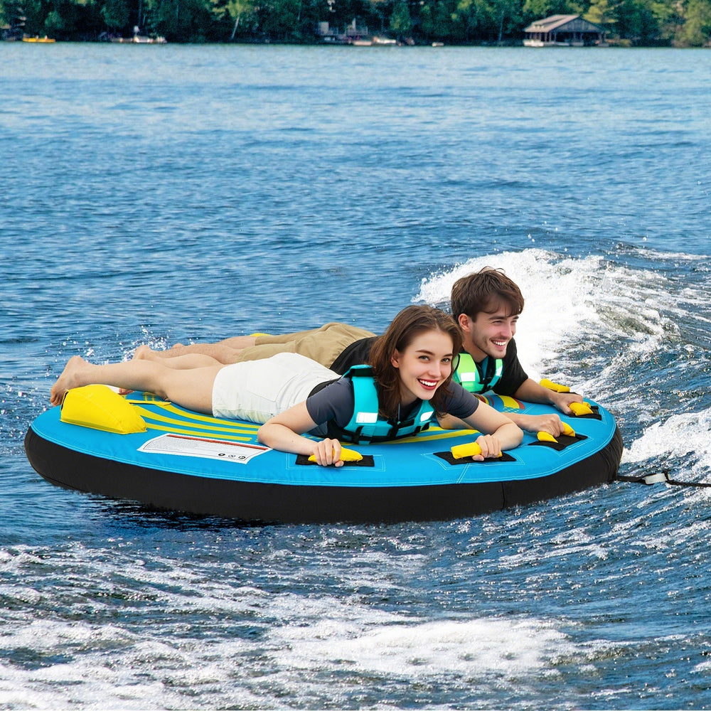 U-shaped 3-person inflatable boat tube with padded handles, designed for lakes and rivers, supporting up to 510 lbs.