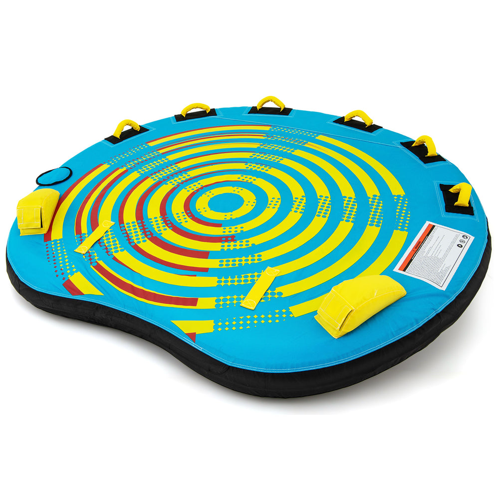 U-shaped inflatable boat tube with bright colors, foam handles, and double valves for 2-3 riders, ideal for water.