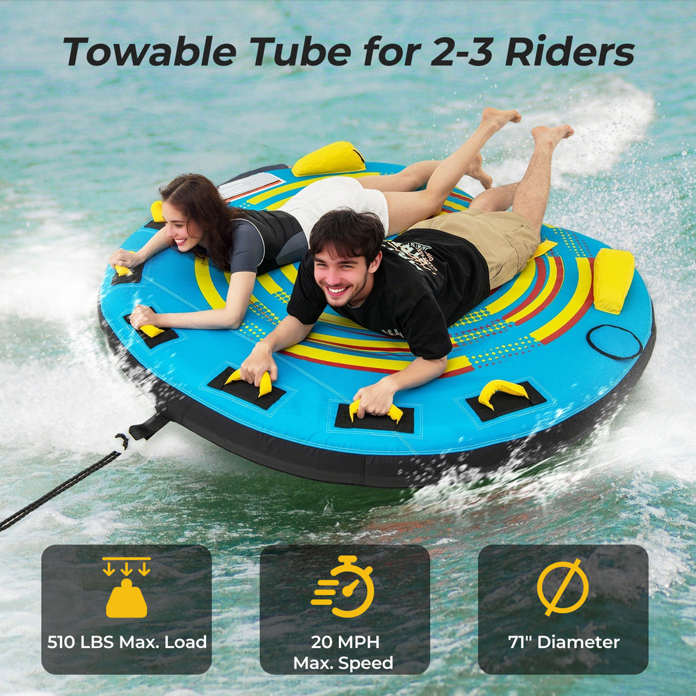 Towable inflatable boat tube for 2-3 riders, 71" diameter, with durable PVC and foam handles for safe water fun.