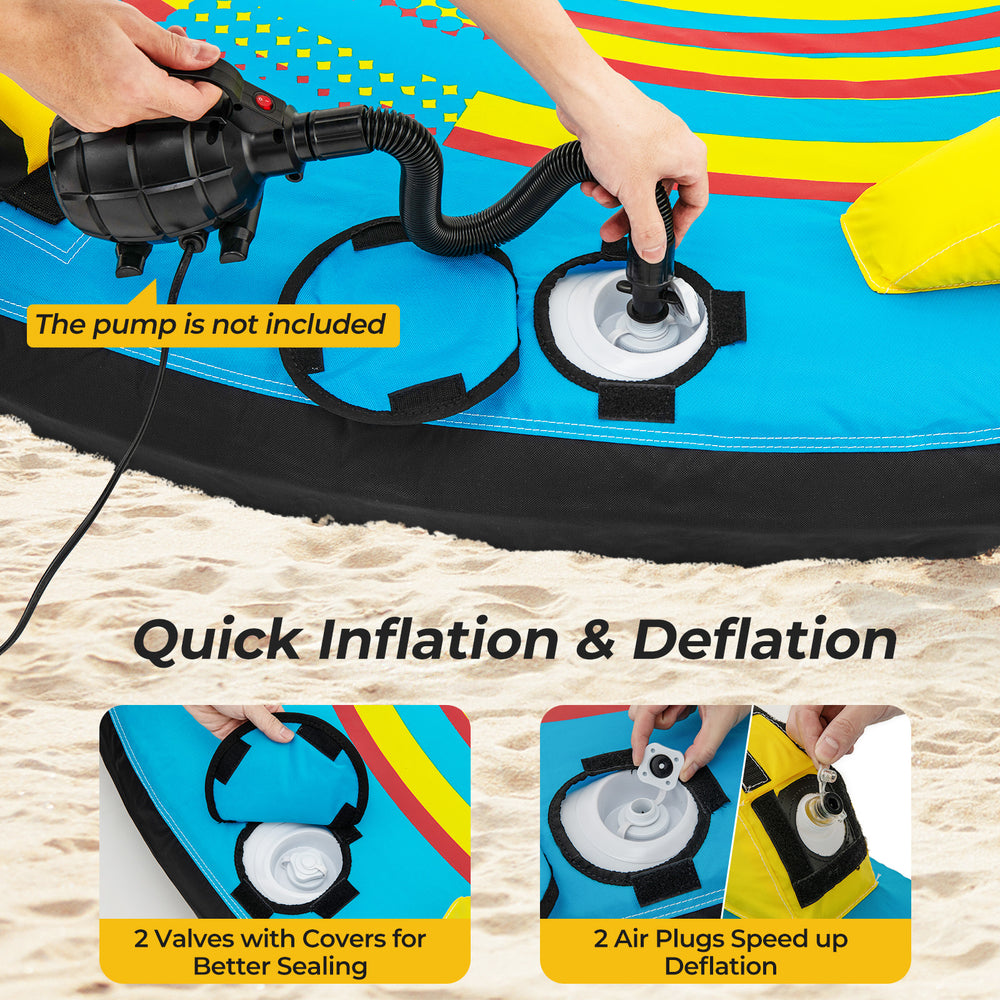Quick inflation and deflation of the 3-person inflatable boat tube with double valves for easy setup and use.
