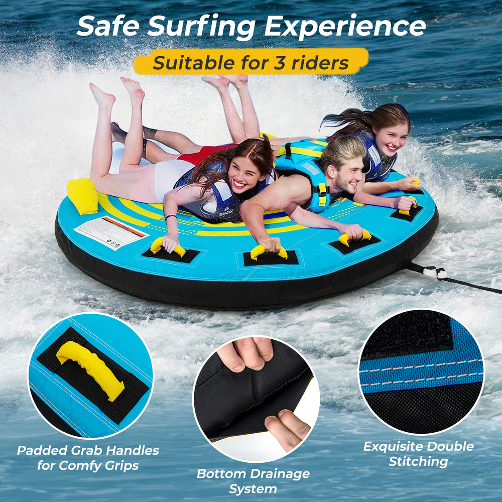 U-shaped inflatable boat tube for 3 riders, featuring padded handles and durable PVC for safe water adventures.