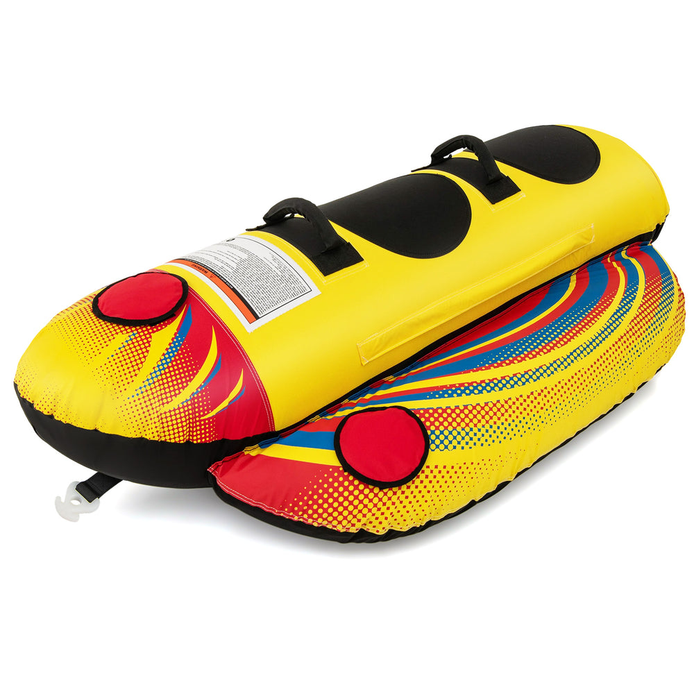 Inflatable towable banana boat for 1-2 persons, featuring heavy-duty PVC, padded handles, and vibrant design for water.