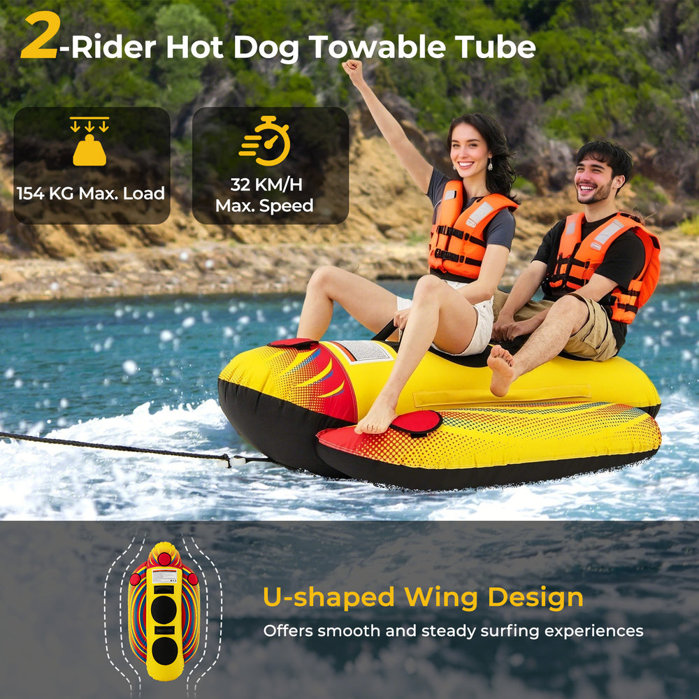 U-shaped inflatable towable tube for 1-2 riders, featuring durable PVC, padded handles, and designed for smooth water.