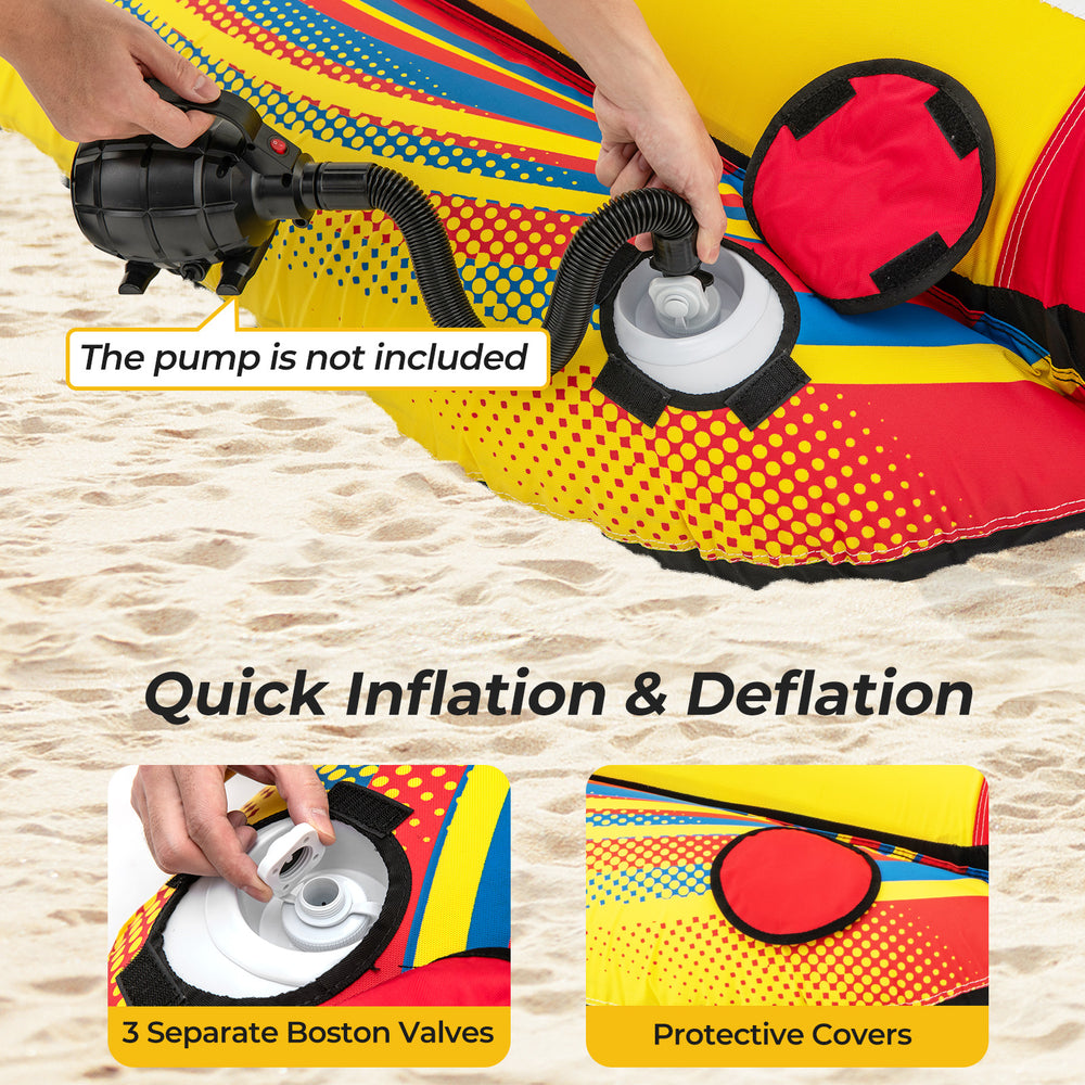 Inflatable towable tube with 3 Boston valves for quick inflation and deflation, designed for 1-2 person water sports.