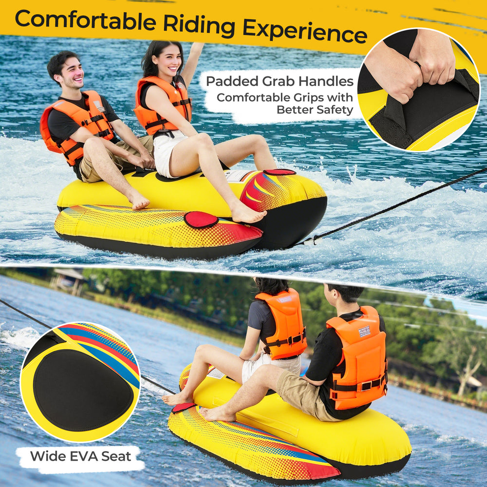Inflatable towable tube for 1 or 2 persons, featuring padded handles and durable PVC, ideal for water sports fun.