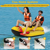 Inflatable banana boat for 1 or 2 persons with heavy-duty PVC, padded handles, and tow point system for water sports.