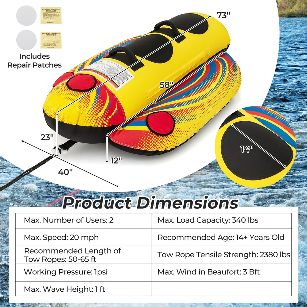 Side view of inflatable towable tube with dual seats, featuring vibrant design and thick foam padded handles for.