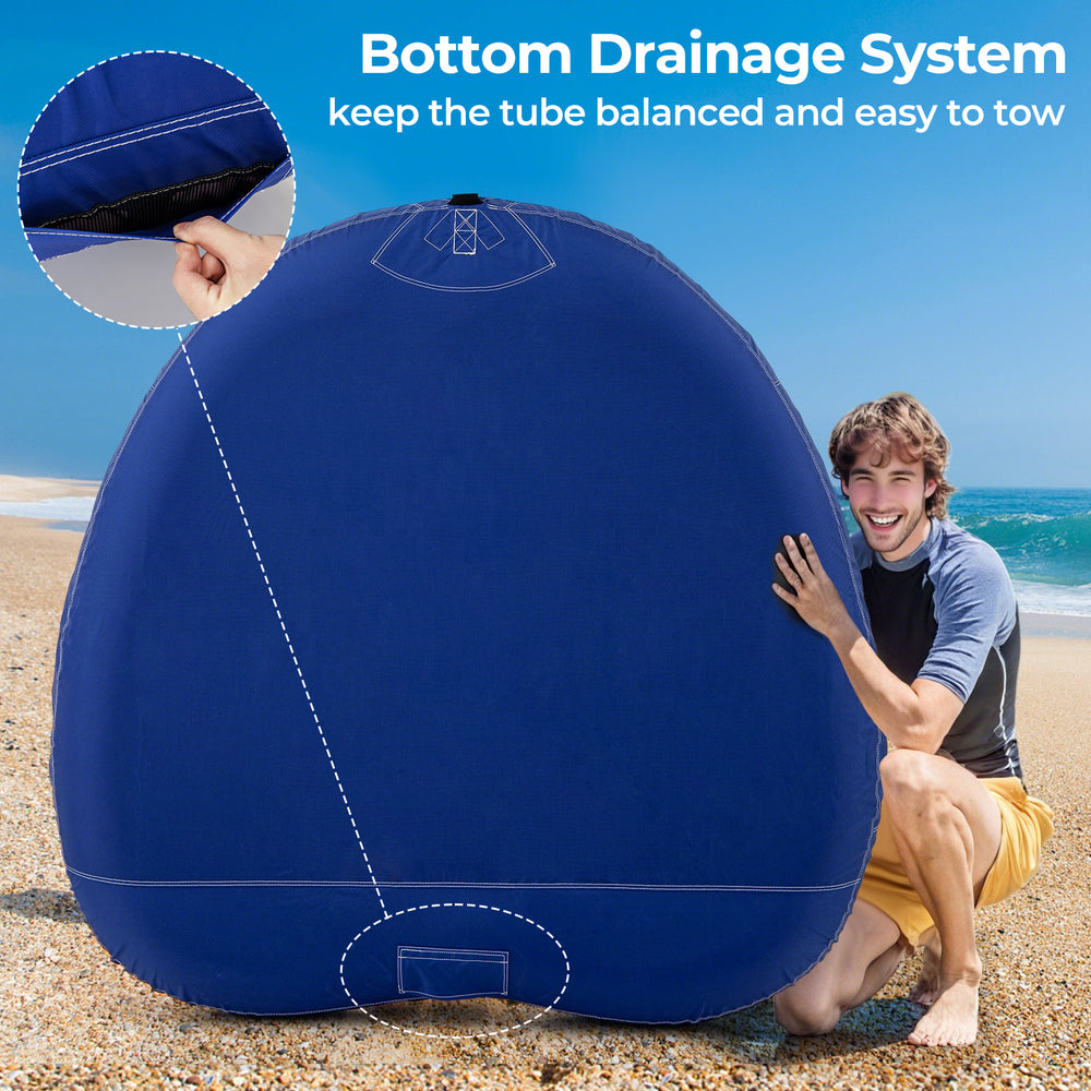 Inflatable towable tube for 1 or 2 persons, featuring a bottom drainage system for balance and easy towing on water.