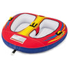 Two-person inflatable towable tube with cockpit seating, heavy-duty PVC, and padded handles for comfortable boating fun.