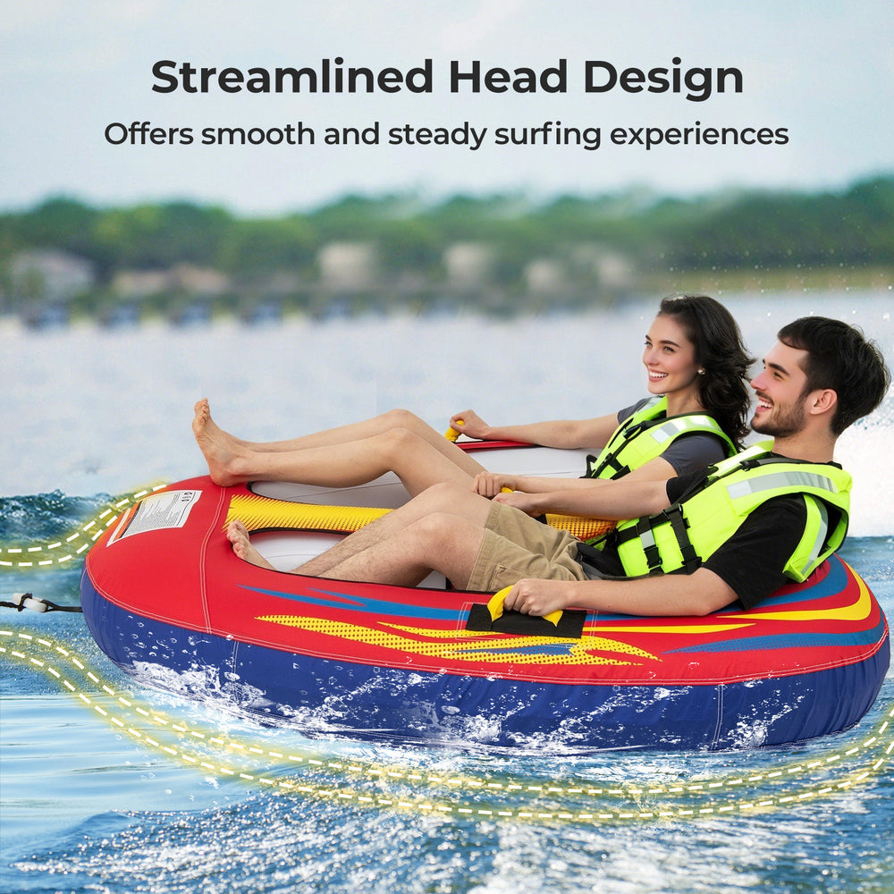 Inflatable towable tube for 1-2 persons with cockpit seating, heavy-duty PVC, and padded handles for safe water sports.