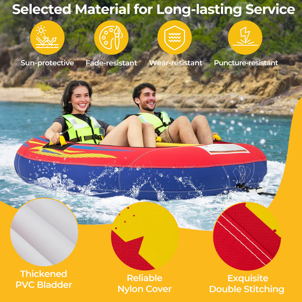 Inflatable towable tube for 1 or 2 persons, featuring heavy-duty PVC bladder and padded handles for water sports fun.