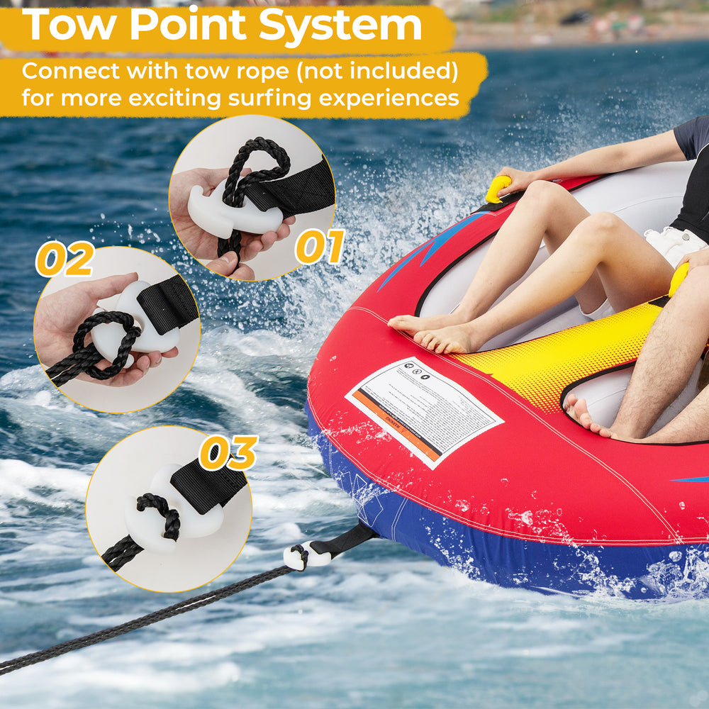 Inflatable towable tube with tow point system, featuring two cockpit seating areas for water sports fun with friends.