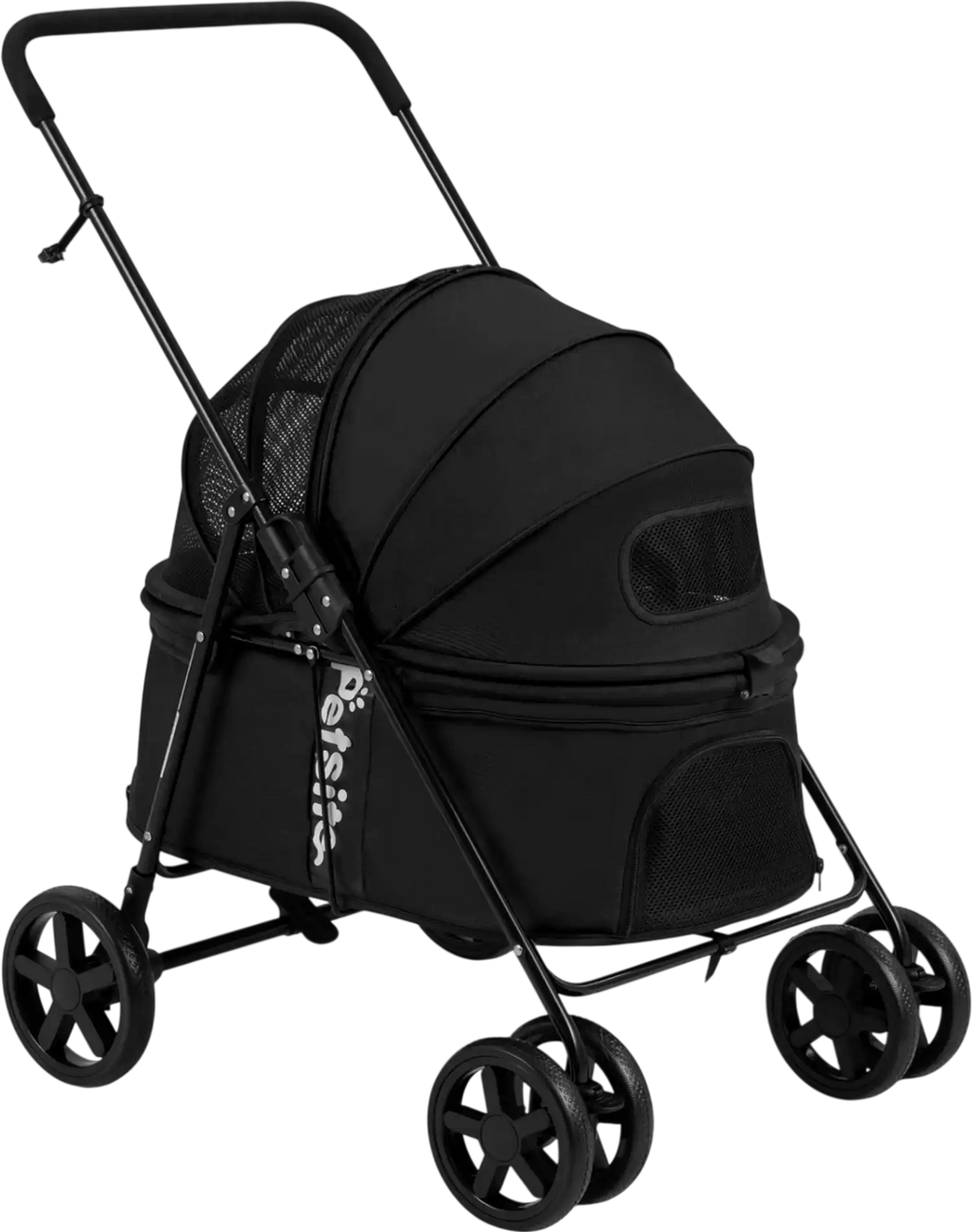 Foldable black pet stroller for small to medium dogs with breathable mesh windows and rear brake for secure travel.
