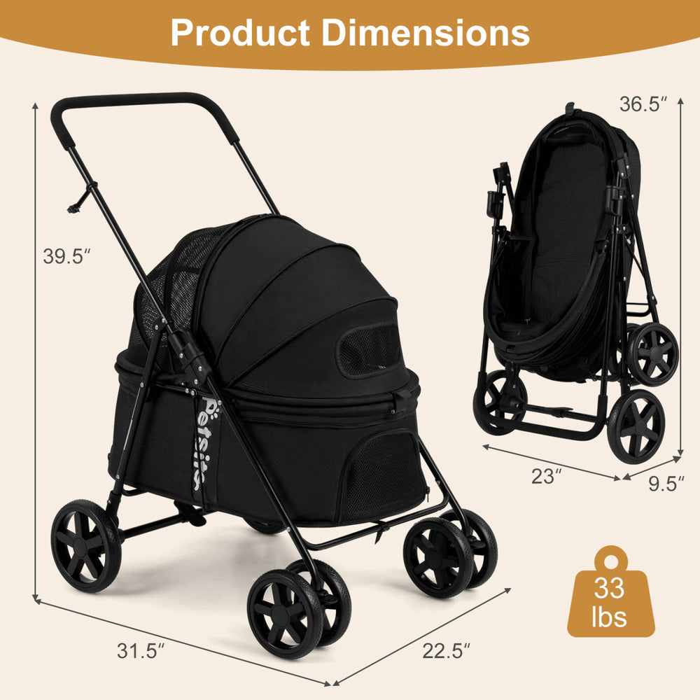 Foldable black pet stroller dimensions with breathable mesh windows, suitable for small to medium dogs, weighs 33 lbs.