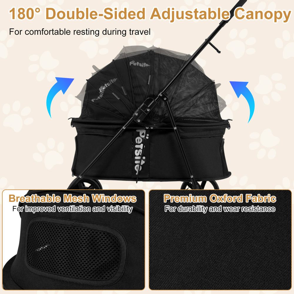 Double-sided adjustable canopy pet stroller in black with breathable mesh windows for small to medium dogs.