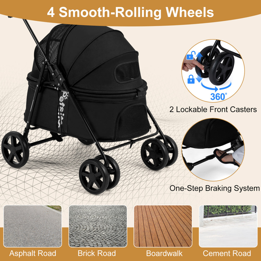 Pet stroller in black with 360° swivel front wheels, one-step rear brake, and spacious cabin for small to medium dogs.
