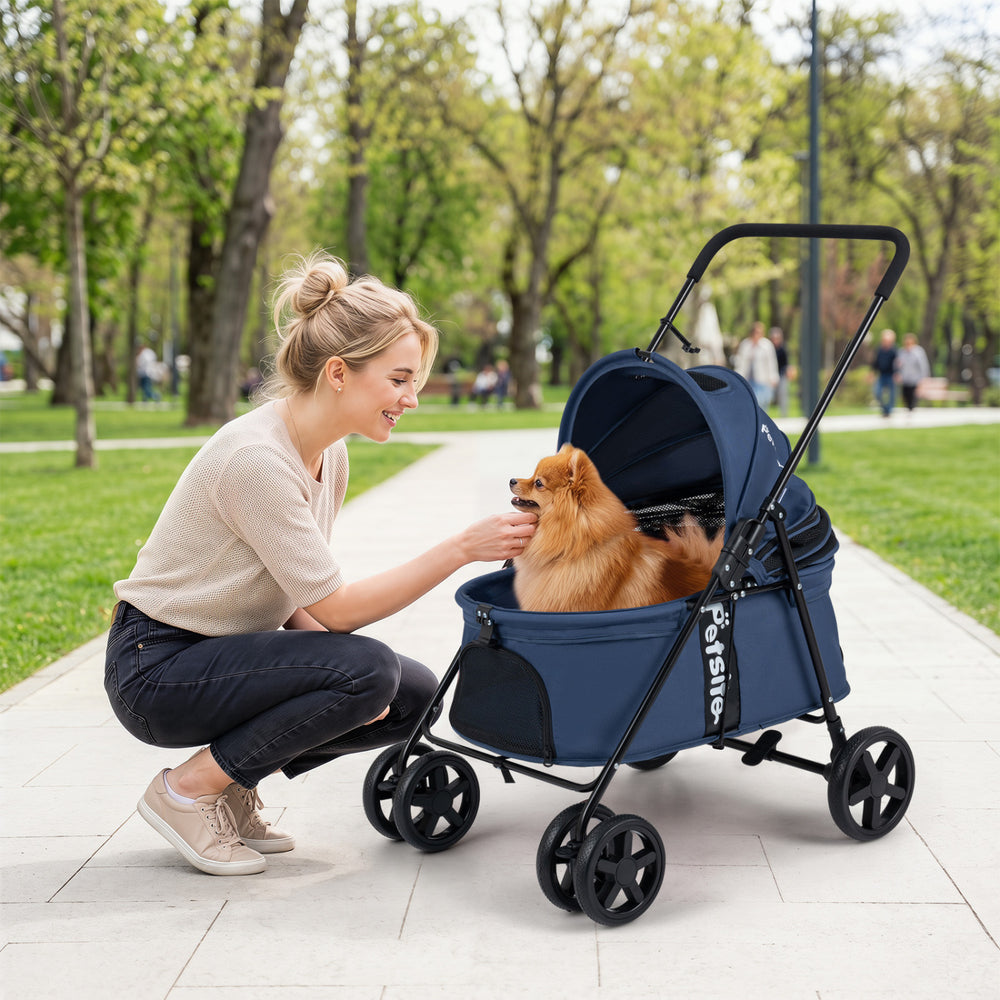 Pet Stroller for Small Medium Dogs Foldable with One-Step Rear Brake and Canopy-Navy - Gallery View 1 of 11