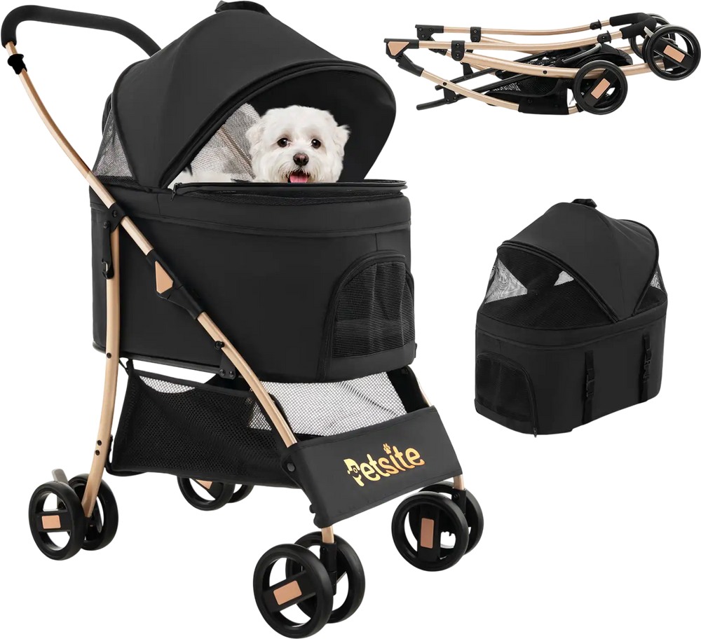 3-in-1 black pet stroller with removable carrier, adjustable canopy, and breathable mesh window for comfortable pet.