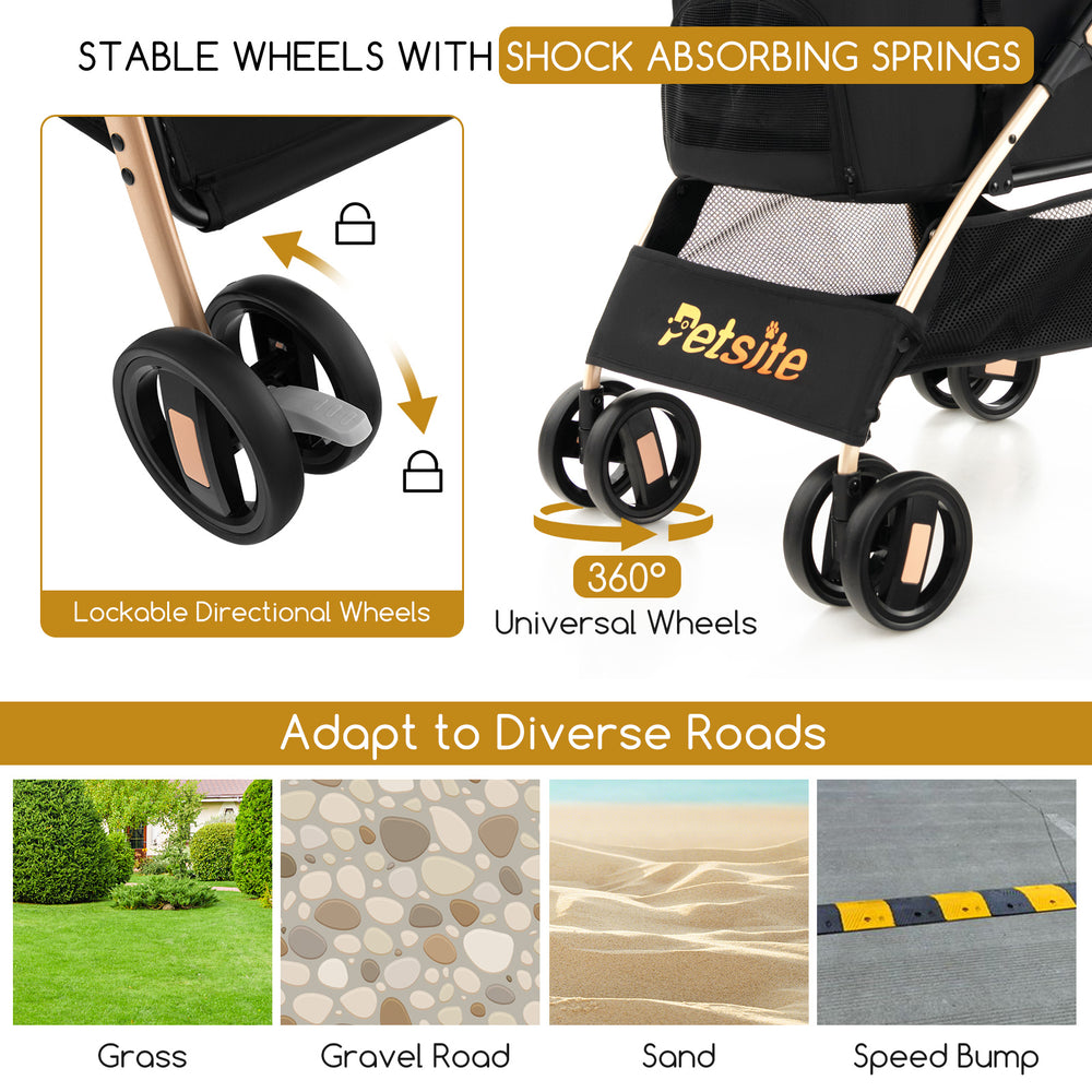 Stable wheels with shock-absorbing springs on the 3-in-1 black pet stroller, designed for diverse road conditions.