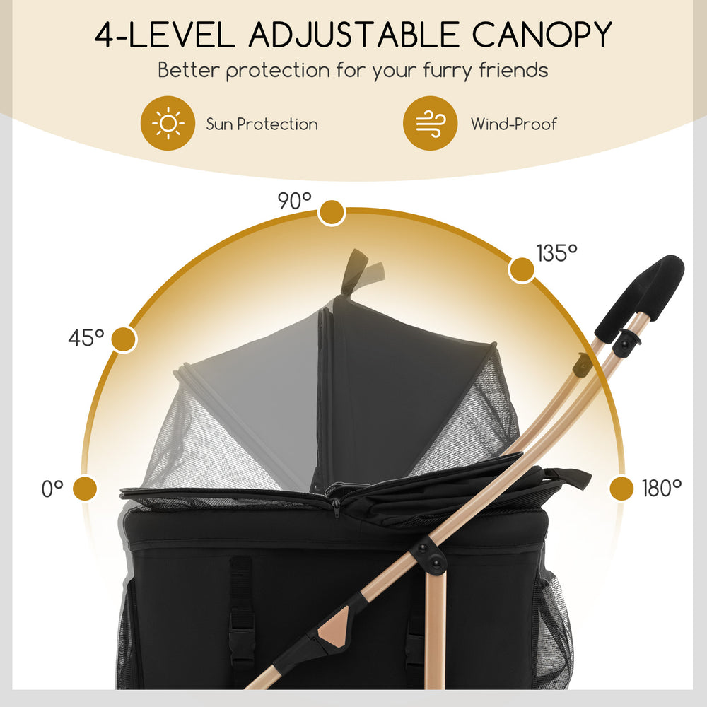 4-level adjustable canopy of a black 3-in-1 pet stroller, providing sun protection and wind-proof features for pets.