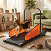 Beagle running on a pet treadmill for small and medium dogs, featuring adjustable speed and LED display in a cozy.