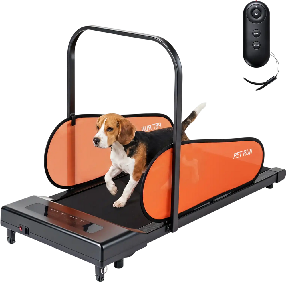 Pet treadmill for small and medium dogs with adjustable speed, LED display, and safety side panels for secure workouts.