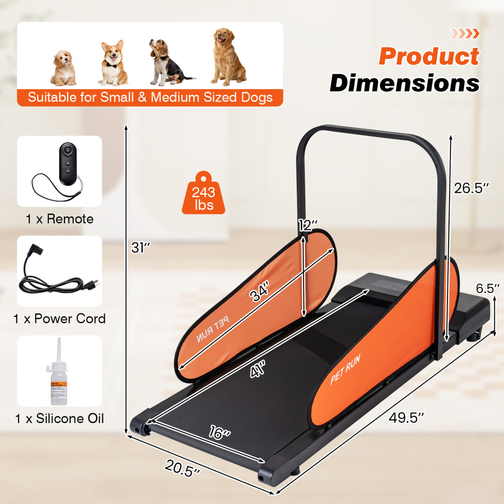 Pet treadmill for small and medium dogs with adjustable speed, LED display, and removable side panels for safe workouts.