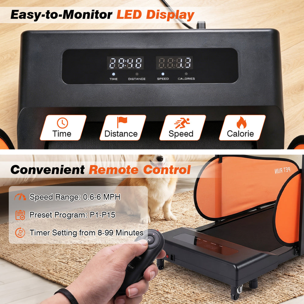 Pet treadmill with LED display, adjustable speed up to 6 mph, and remote control for small to medium dogs.