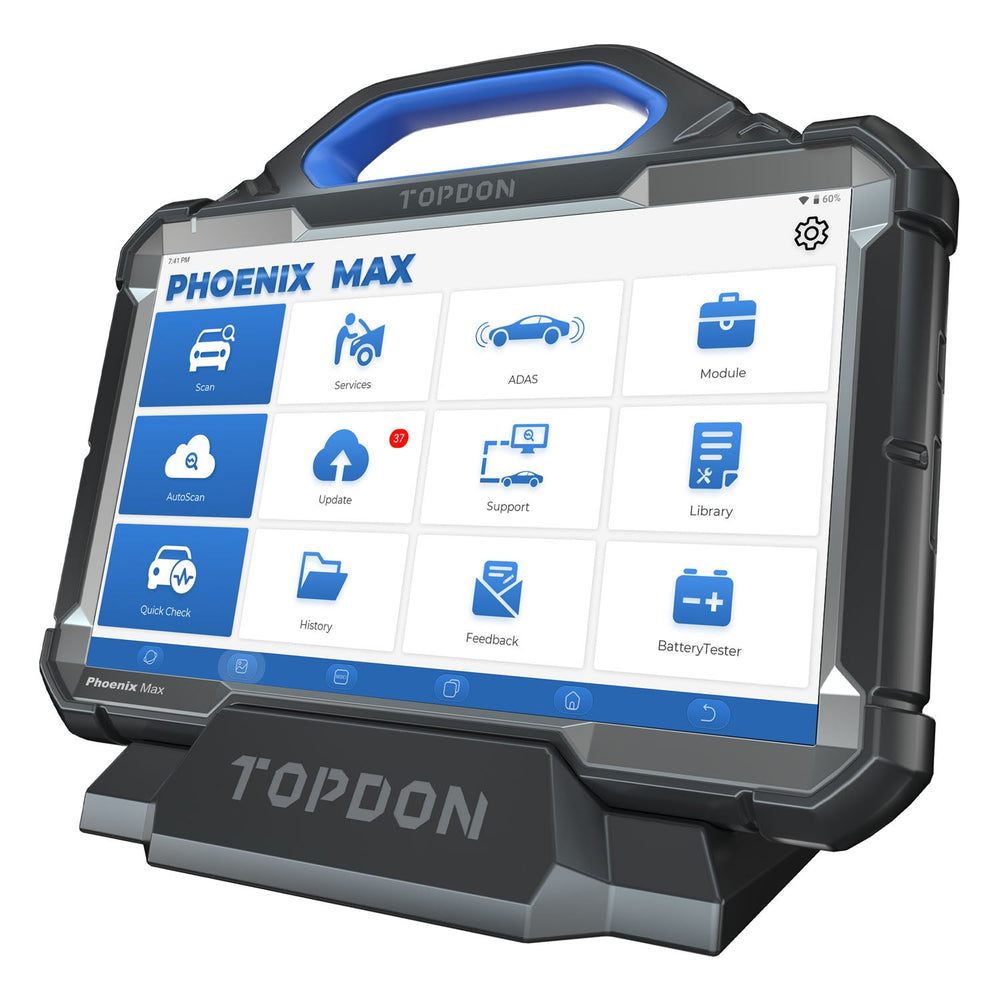 Phoenix Max diagnostic scanner with blue touchscreen display showing menu options for scan, services, ADAS, module, AutoScan, update, support, and library.