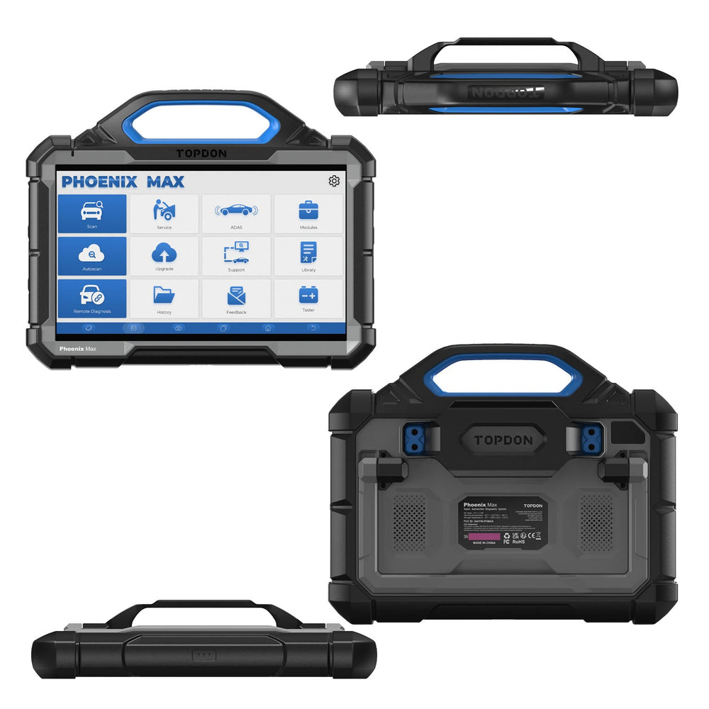 Phoenix Max diagnostic scanner with blue accents shown from front, back, top, and side views.
